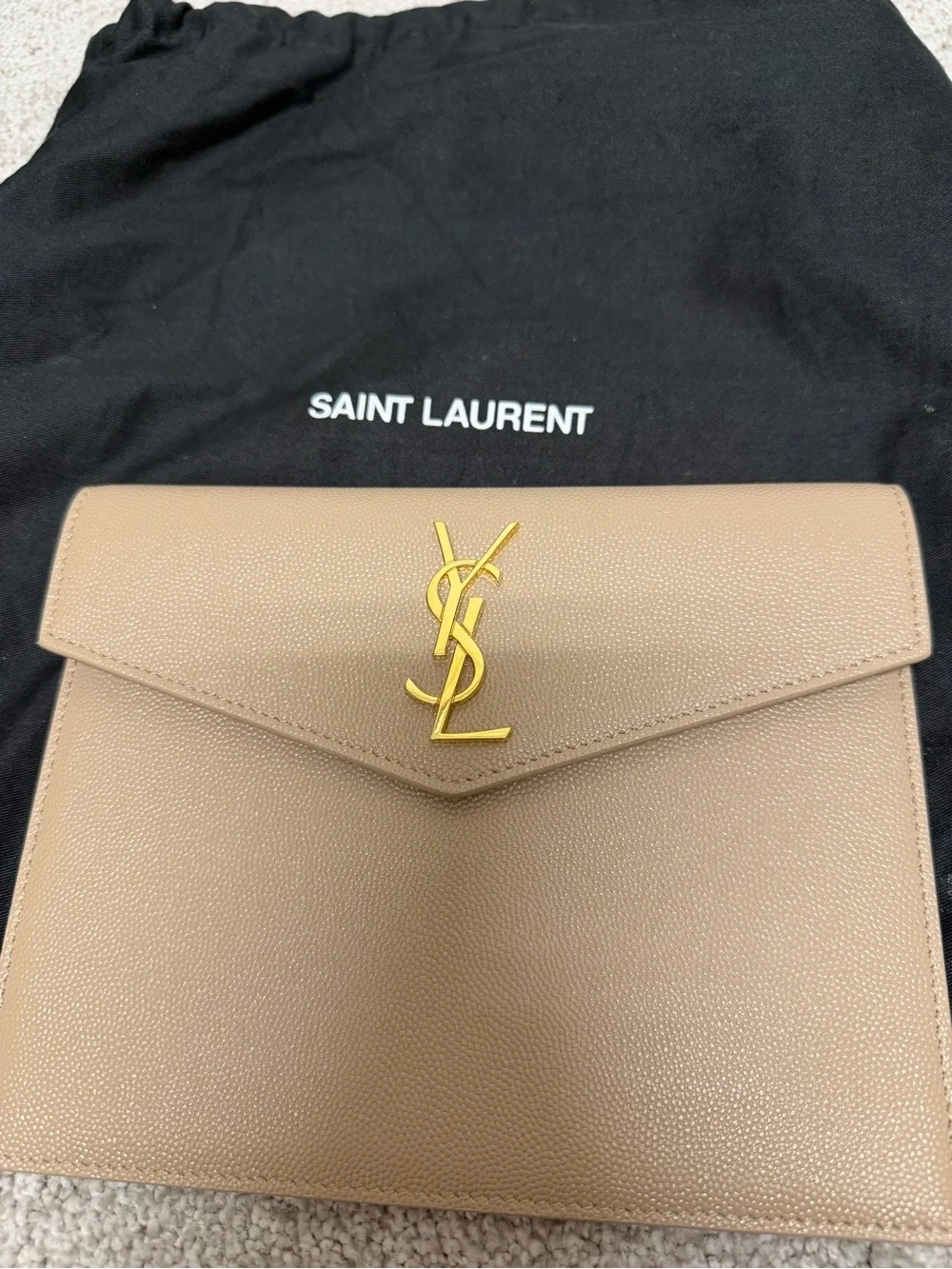 Yves Saint Laurent Beige Envelope Clutch with Gold YSL Logo